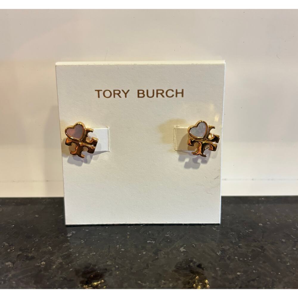 Tory Burch Kira Mother‑of‑Pearl Heart Logo Stud Earrings